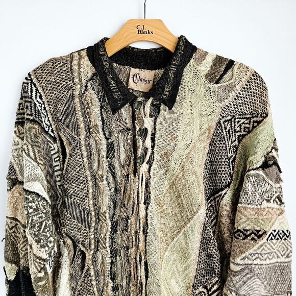 Vintage Coogi Classic 1/4 Button Collared Sweater L Textured Knit Green Buttons - Picture 2 of 15